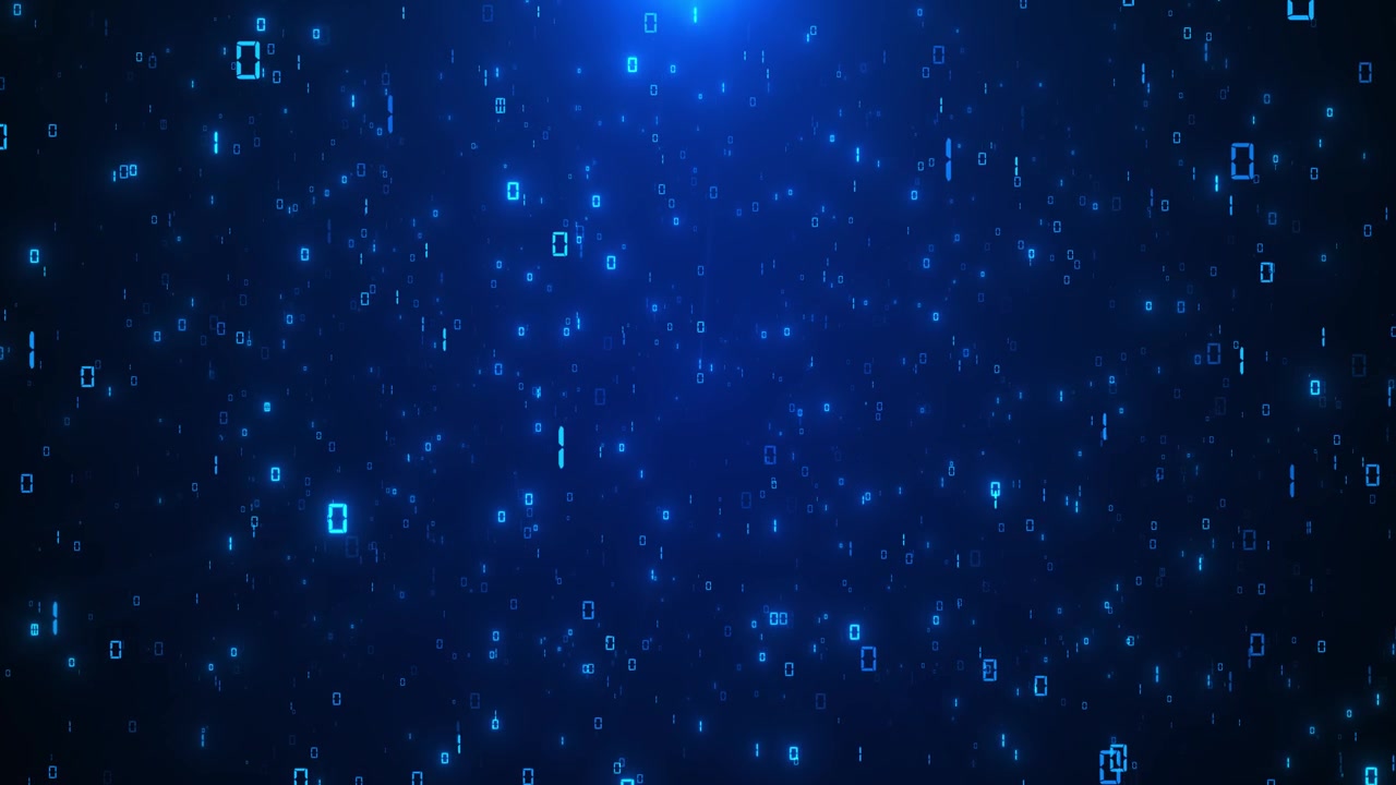 Blue binary code rain with glowing zero numbers falling data particles and dark digital matrix space