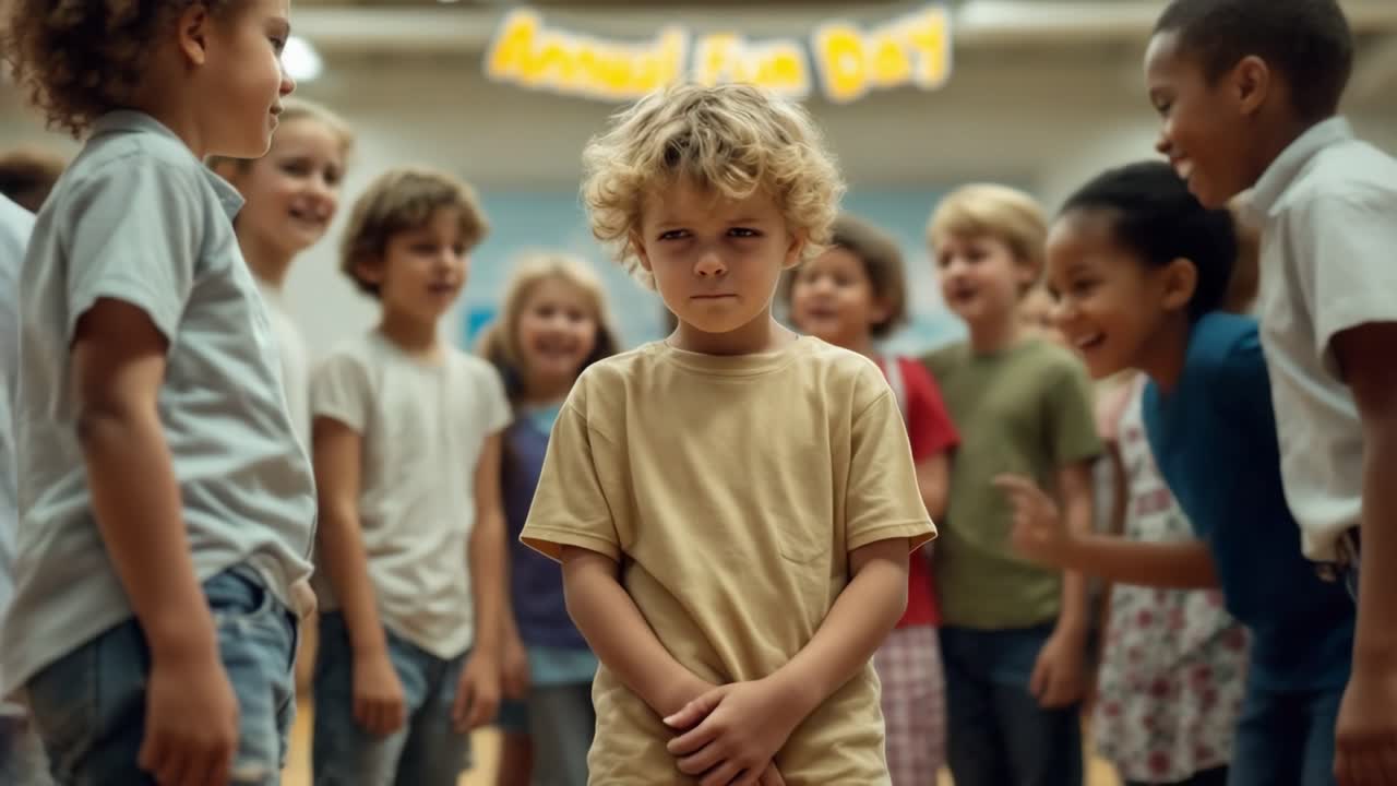 Young boy with curly hair stands alone while other children play and laugh around him in a classroom, showcasing feelings of isolation and the dynamics of childhood interactions
