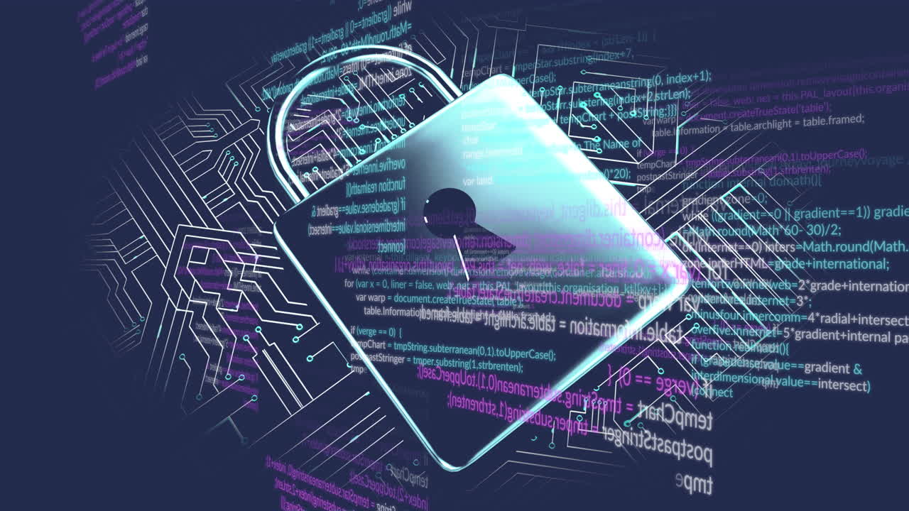 Animation of data processing and padlock on blue background