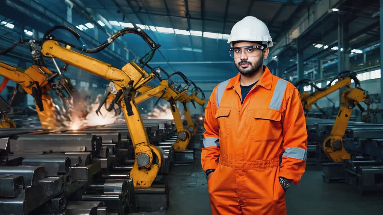 Factory Worker with Welding Robots