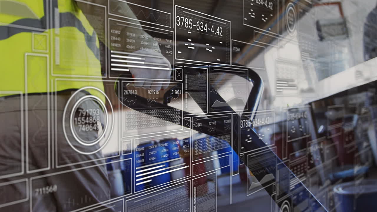 Industrial worker operating machinery with data analytics interface overlay animation