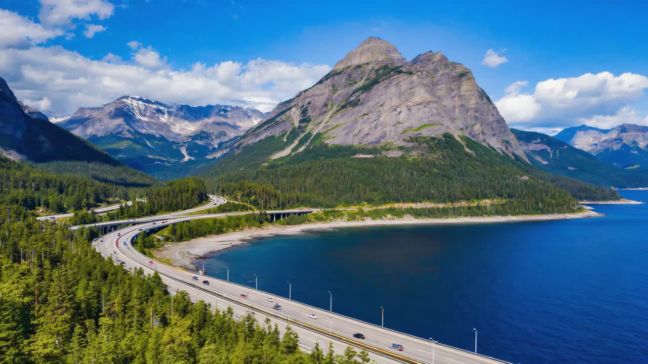 Scenic Highway Winding Through Mountains and Lake