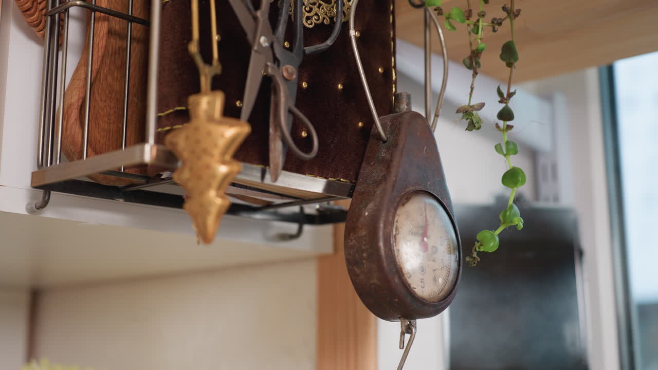 Close up of old rustic hanging kitchen scale with worn dial, surrounded by vintage scissors, decorative golden star, and trailing green plant vines