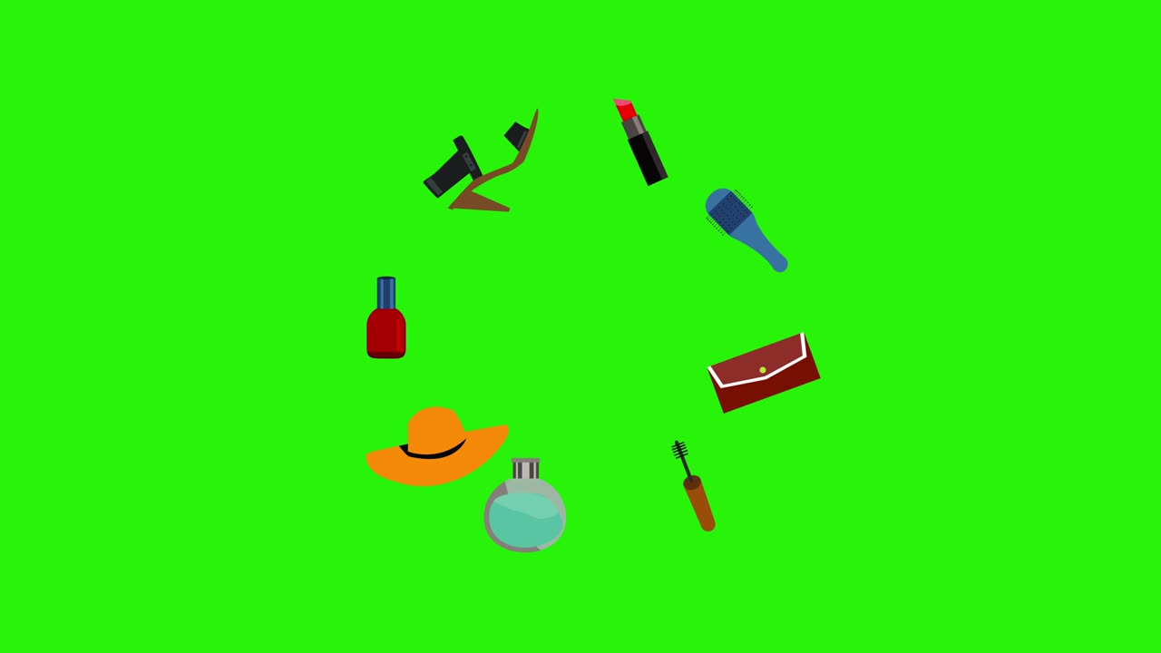 mujeres maquillaje y cuidado utensilios animación, elementos de fuente gráfica en pantalla verde tecla de croma