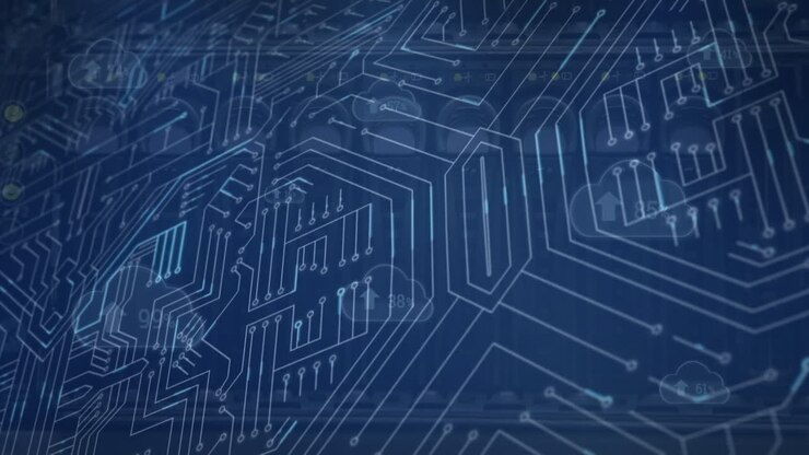 Animation of clouds with uploading and integrated circuit in navy background