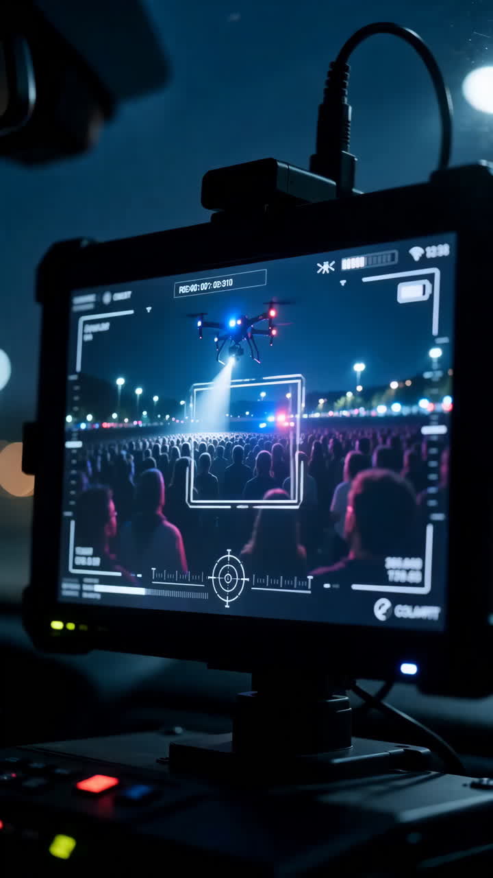 Drone Spotlight Over Night Crowd, Packed Outdoor Concert, Silhouettes Under Intense Beam, Camera Monitor