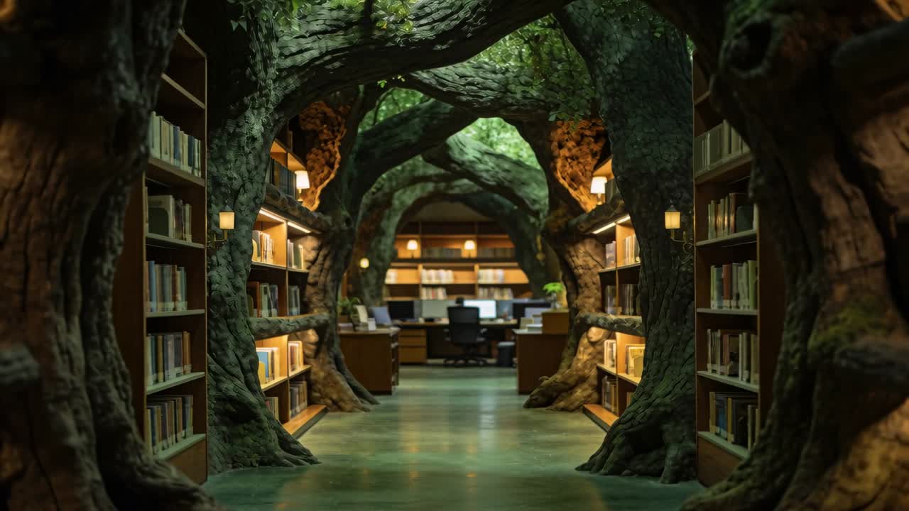 Moving through forest library aisle, camera revealing reading desks and trunks, showing monitors
