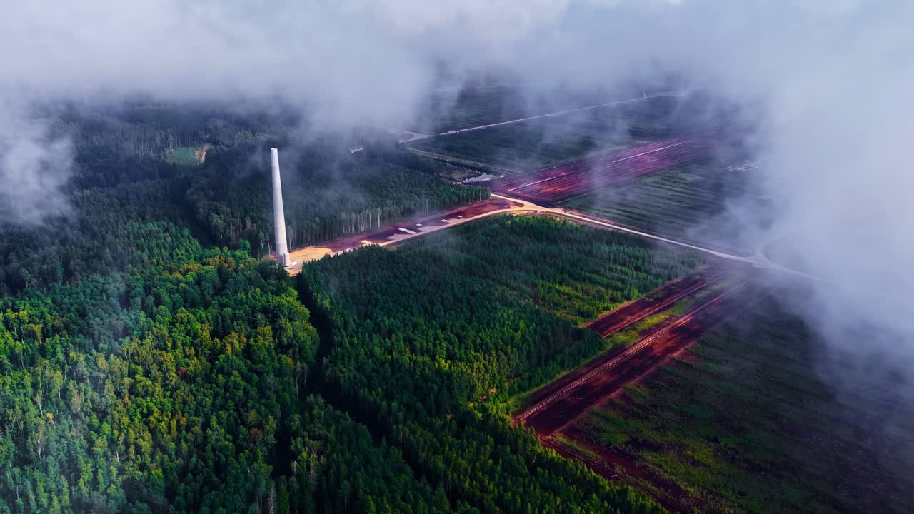 Orbit drone shot of wind turbine farm during the day, renewable energy