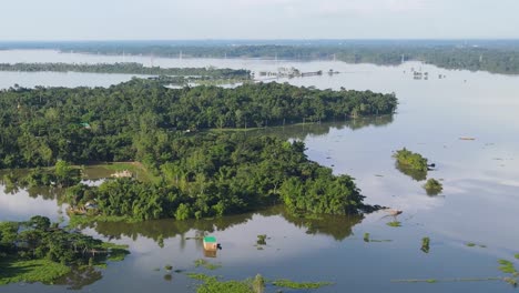 aerial landscape of flood affected rural land area in bangladesh