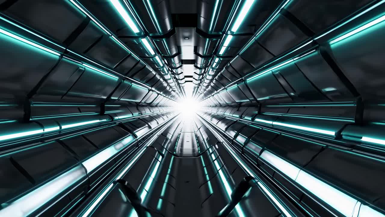 Futuristic Dark Metal Tunnel with Neon Glowing Lines
