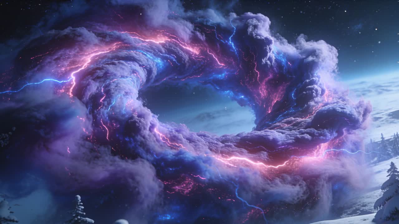 Awan badai torus berputar menerangi lereng bukit bersalju, dengan benang-benang listrik yang memberi energi