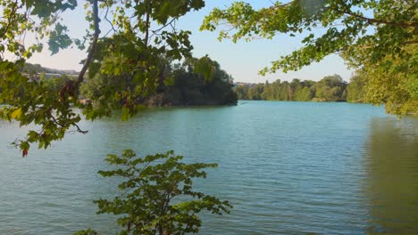 a view of a lake in park of the golden head, with lush green trees lining the shore. the lake surrounded by trees, with a small island in the center. the water is a light blue color.