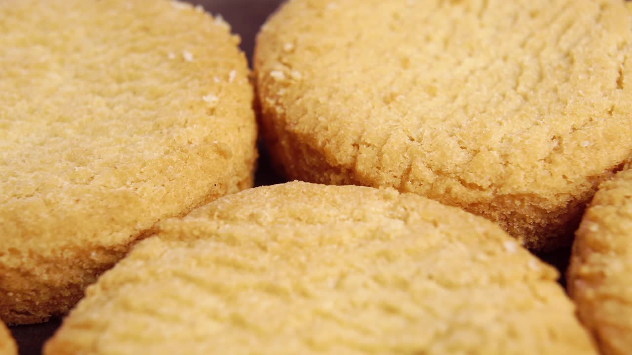 Stacked round shortbread biscuits. Macro