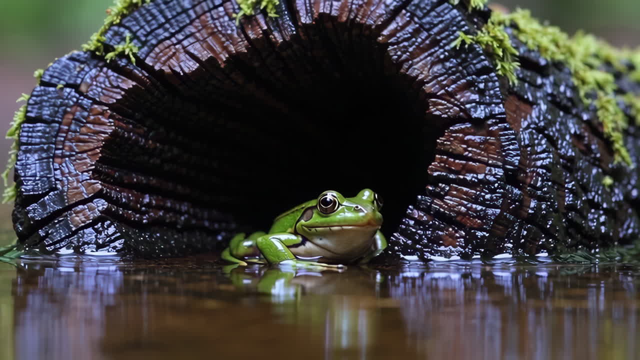 Green Frog Hiding in a Tree Stump