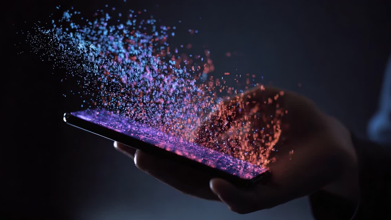 A Futuristic Glimpse: Transformative Effects of Digital Technology Captured in Motion with a Glowing Smartphone and Vibrant Particles Emanating from the Screen