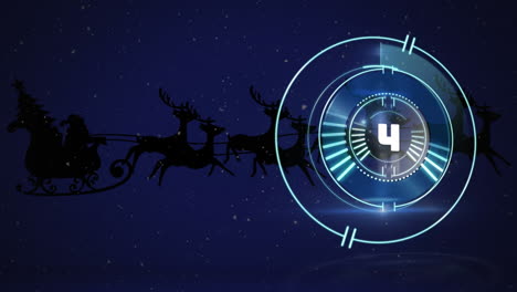 animation of countdown and santa claus in sleigh with reindeer