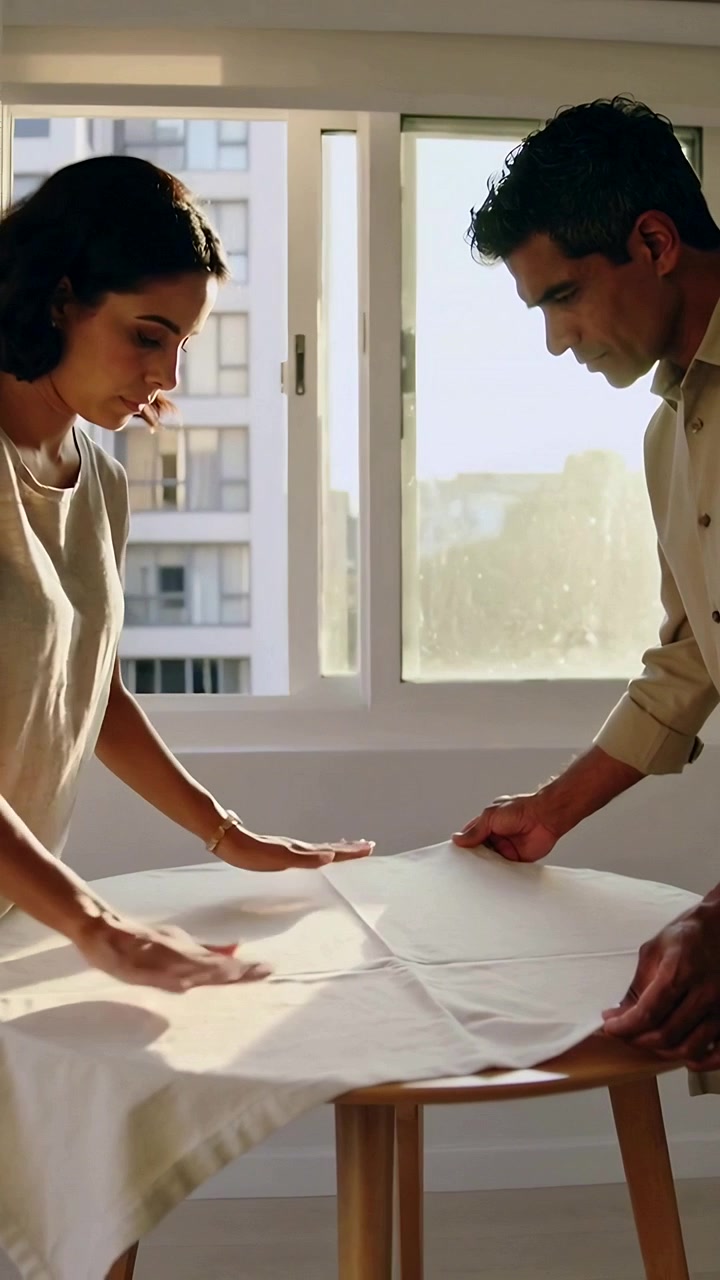 Vídeo vertical: Casal segurando pano dobrado e alisando toalha de mesa em casa perto da janela