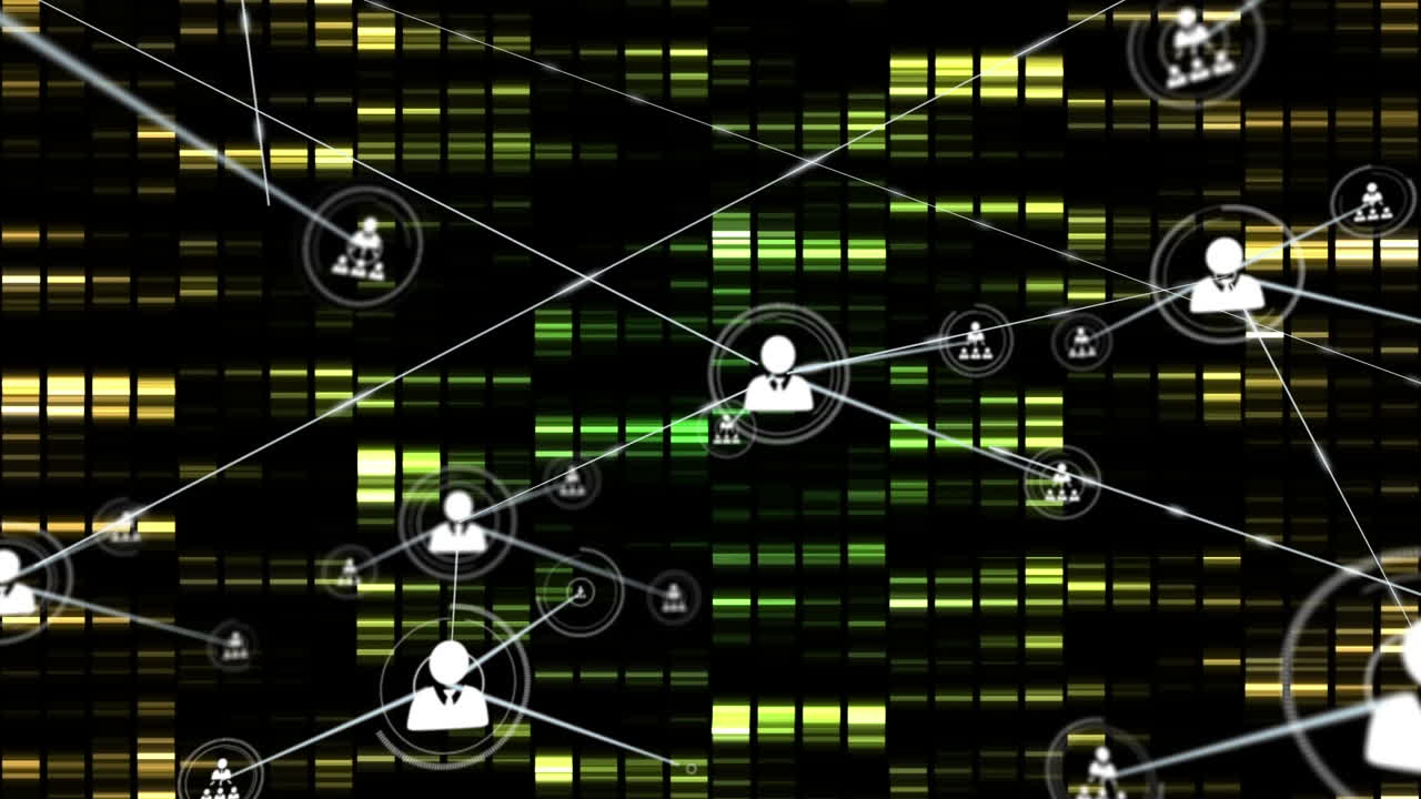 Animation of network of connections with icons over moving columns on black background
