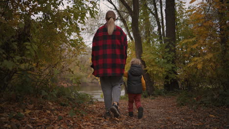 Caminando-Tranquilo-En-El-Bosque-De-Otoño-Una-Mujer-Con-Un-Hijo-Pequeño-Camina-Hacia-La-Vista-Trasera-Del-Lago-Disfrutando-De-La-Naturaleza-Y-Relajándose-En-Una-Caminata-Familiar-De-Fin-De-Semana-En-El-Bosque-O-Parque