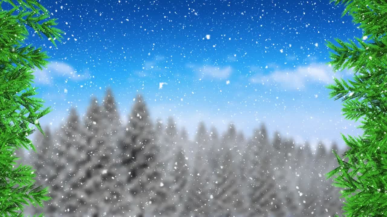 Digital animation of snow falling over snow falling over multiple trees on winter landscape