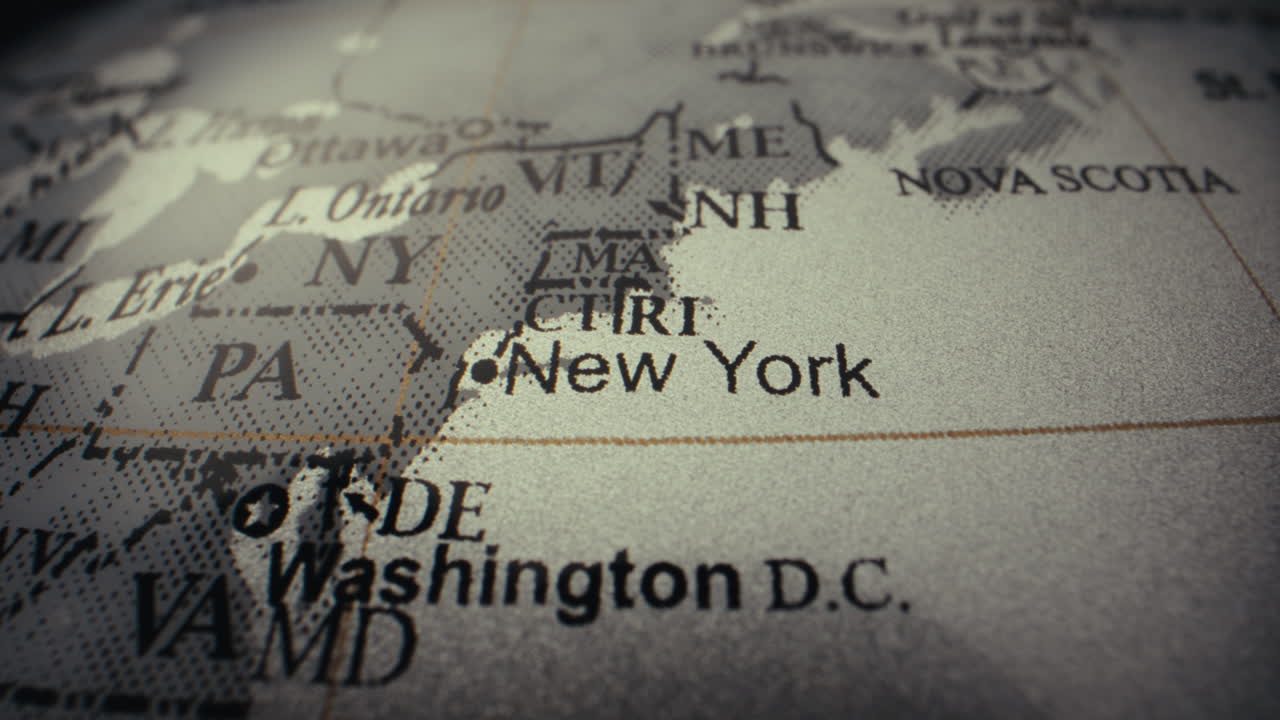 Close-up of a world map, focusing on New York