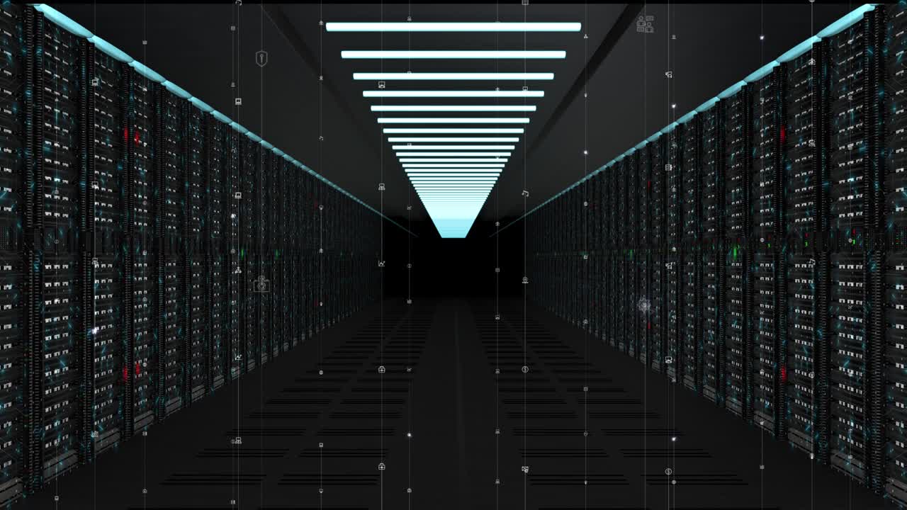 Digital data network servers in a server room of a data center or ISP with Electric circuit high speed data transfer, Moving the camera forward, 4K high quality animation