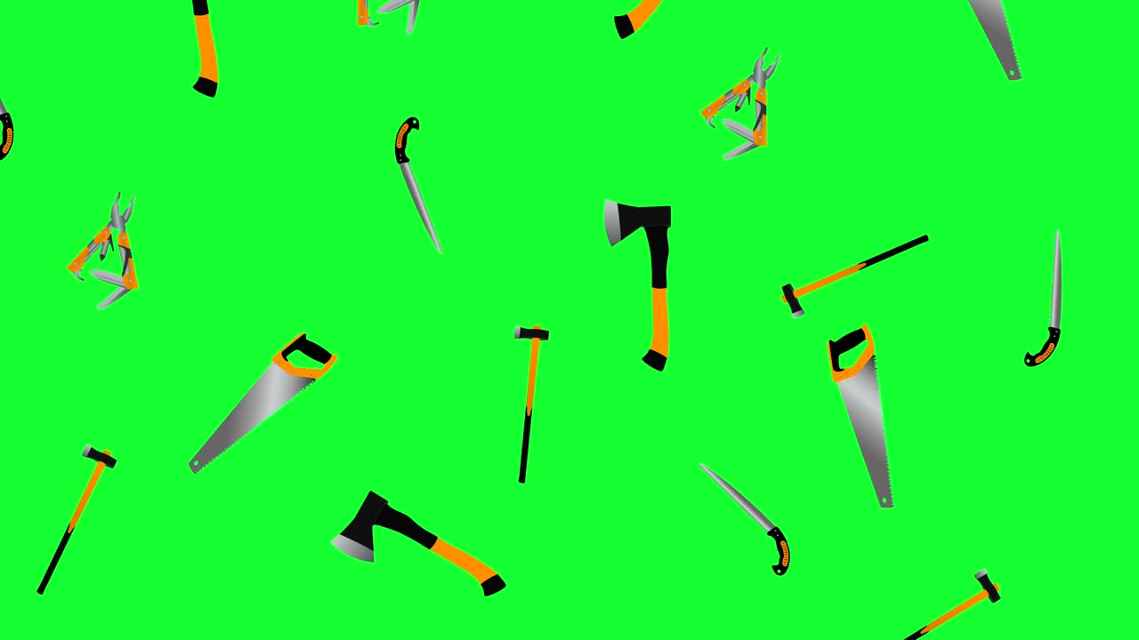 정원 도구 작업 요소 애니메이션, 녹색 화면에서 원활한 루프 크로마 키