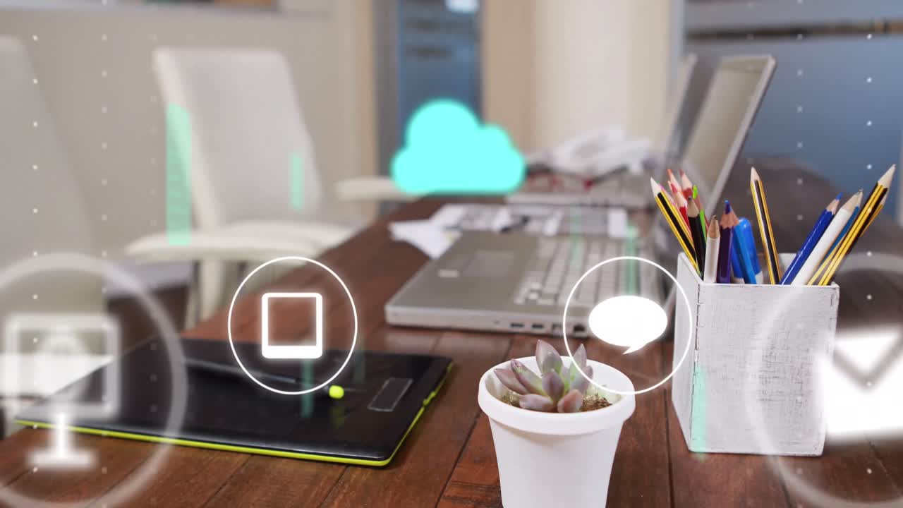 animación de la red de iconos sobre el escritorio con el portátil.