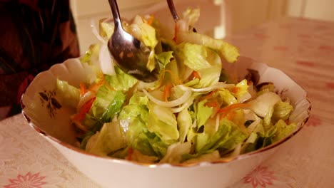 preparing and seasoning a mixed salad in a decorated porcelain bowl, slow-motion close-up shot