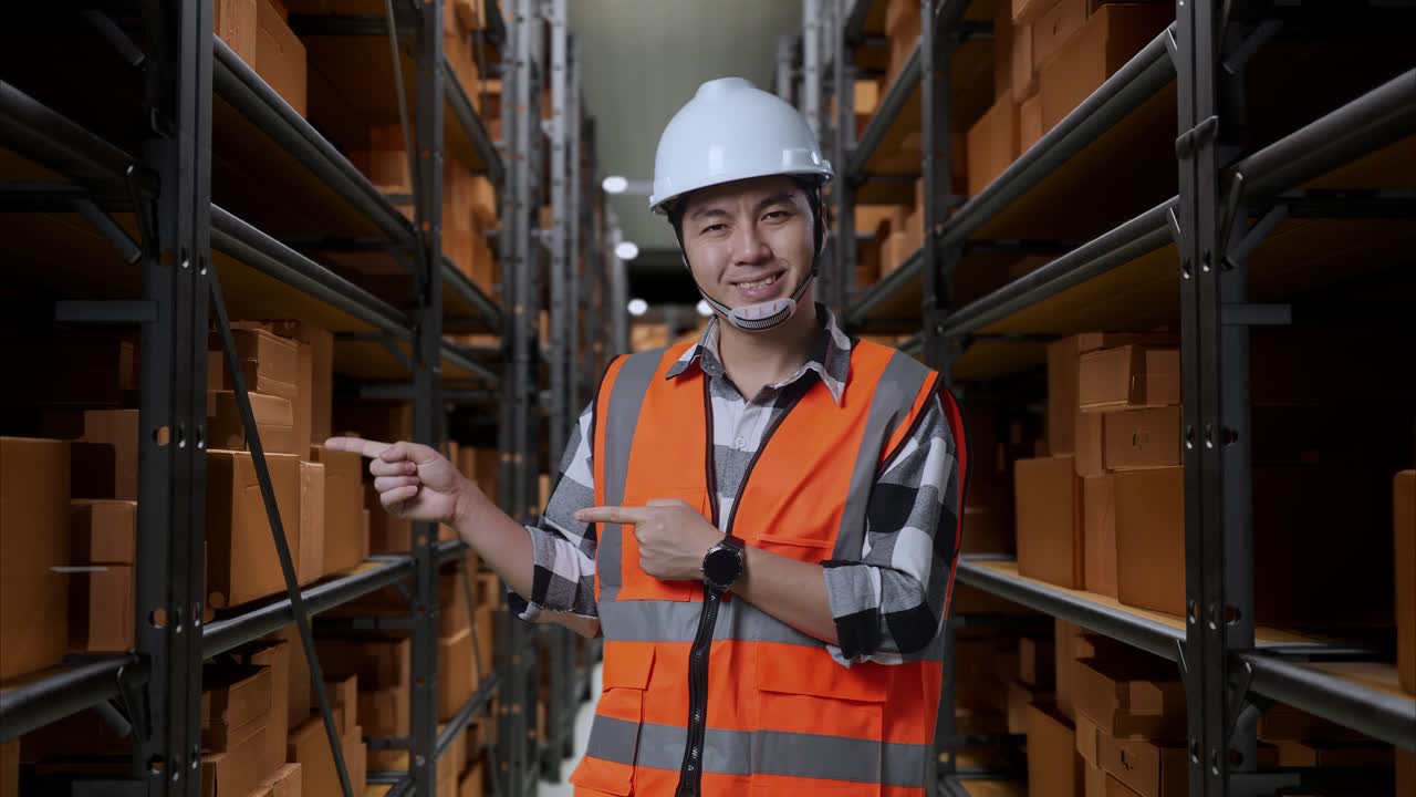 ingeniero masculino asiático con casco de seguridad de pie en el almacén con estantes llenos de mercancías de entrega. sonriendo y señalando a un lado recomienda algo en el almacenamiento