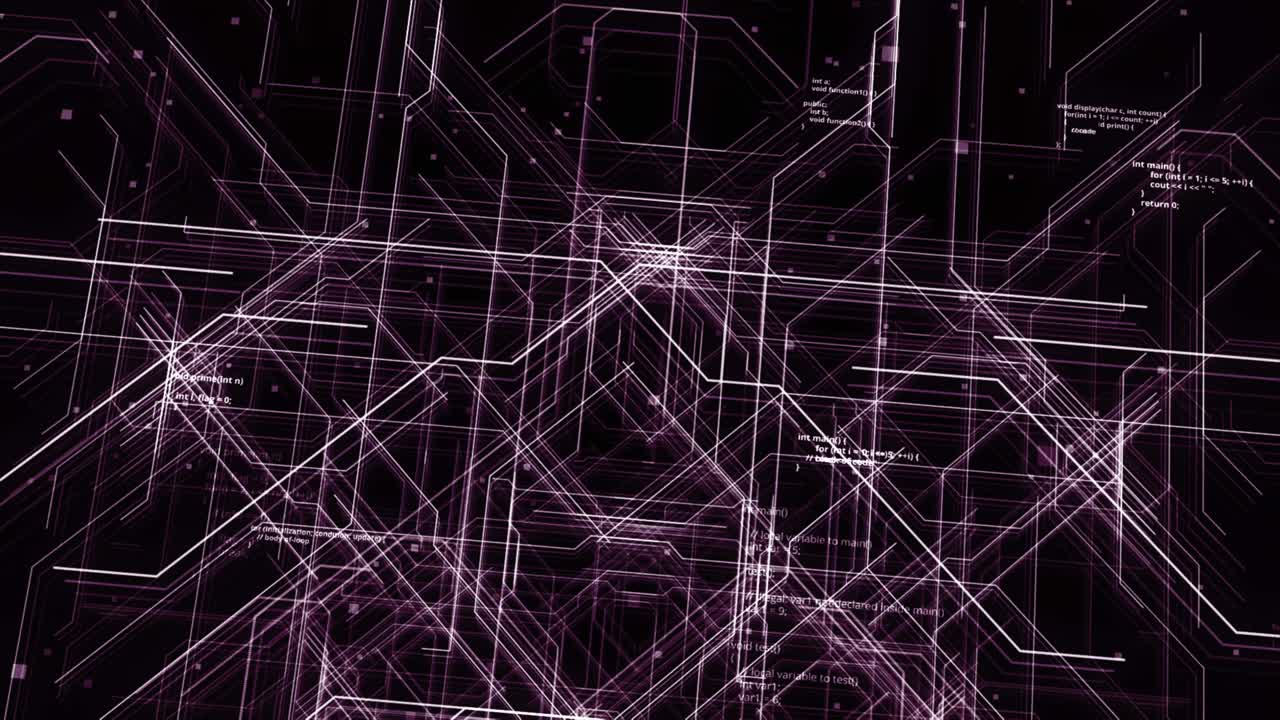 Abstract ultraviolet glowing tunnel with flying lines of code, seamless loop. Animation. Flying through digital technological corridor