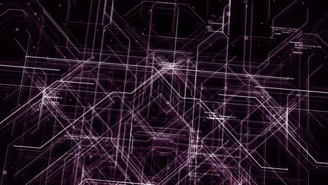 túnel de brillo ultravioleta abstracto con líneas voladoras de código, bucle sin costuras. animación. volando a través del corredor tecnológico digital