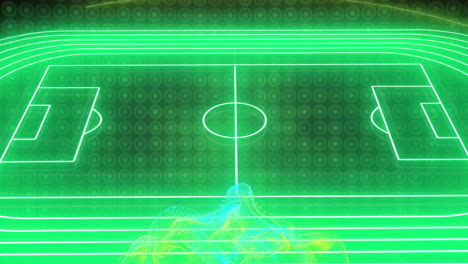 soccer field with glowing lines and data processing animation