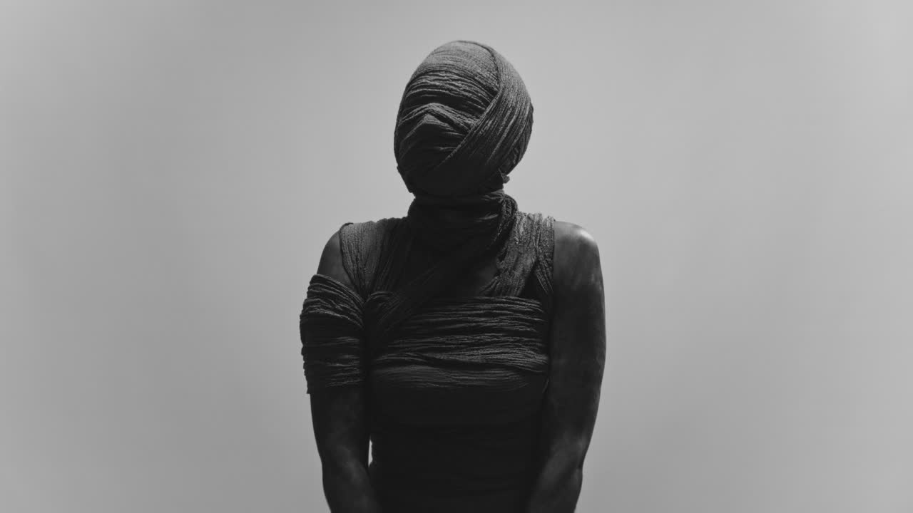 A mummy of a woman on a white backdrop slowly rises her head and look around