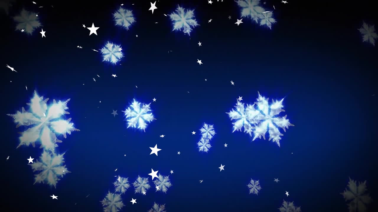 Animation of snow flakes falling over blue background