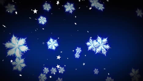 animation of snow flakes falling over blue background