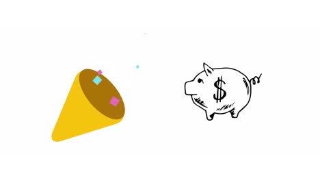 digital animation of party popper icon and piggy bank icon against white background