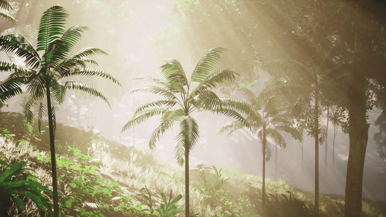 la luz del sol filtrándose a través de un bosque tropical