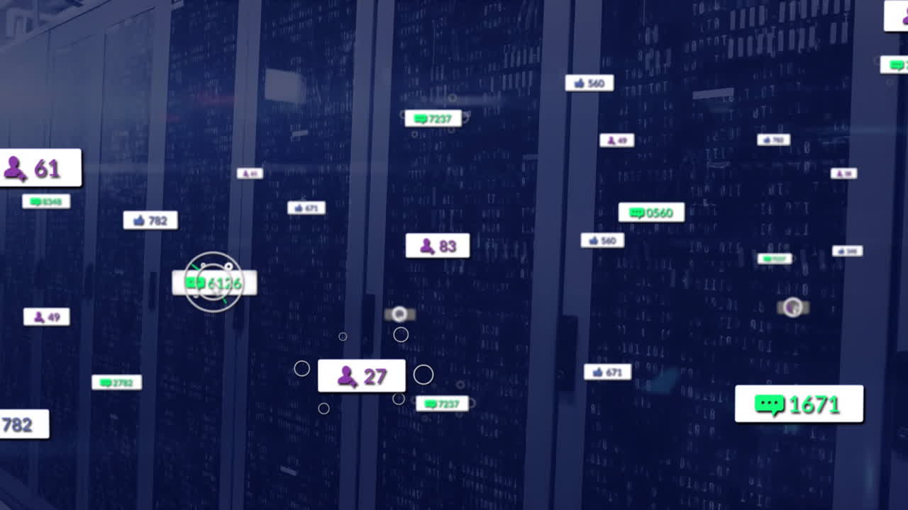 Animation of social media icons with numbers over server room