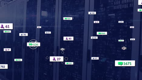 animación de iconos de redes sociales con números sobre la sala del servidor