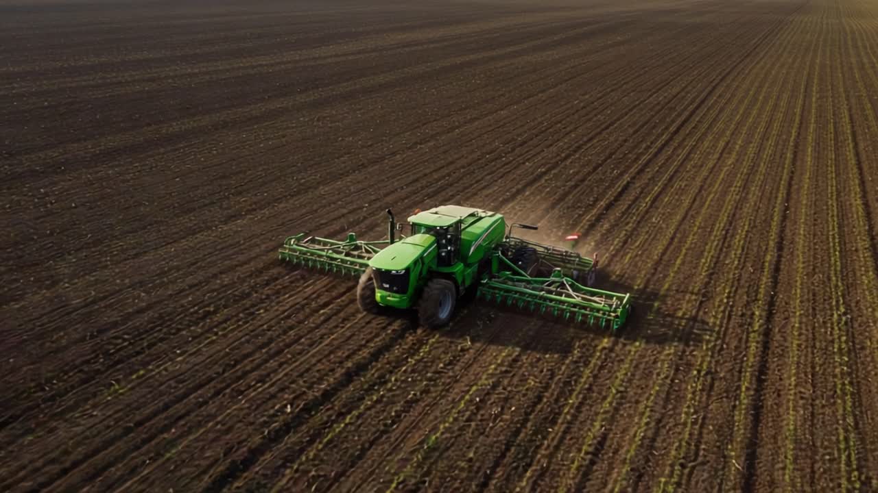 Aerial View of Farming Equipment Tilling a Field, Showcasing Agricultural Practices and Modern Machinery in Action Over an Expansive Terrain