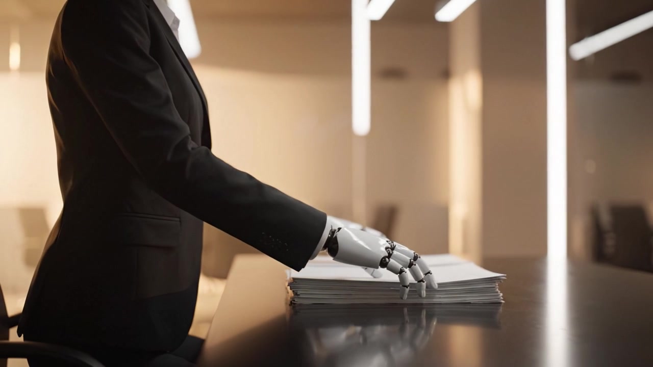 Mano robotica avanzata impegnata nell'organizzazione di documenti in un moderno ambiente d'ufficio con atmosfera professionale e interni eleganti.