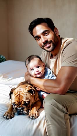 family time: dad, baby, and dog sharing a moment.