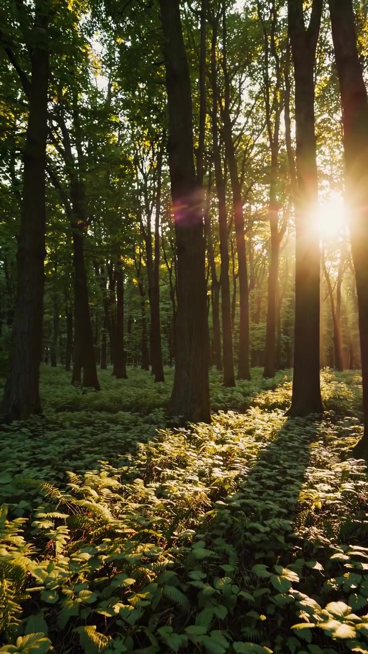 Luce Solare Dorata che Filtra tra gli Alberi in una Foresta Lussureggiante