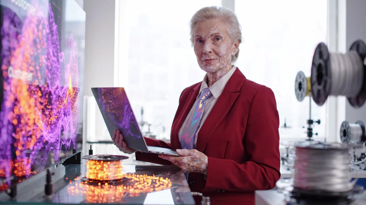 Una donna anziana sicura di sé in un tailleur rosso dimostra strumenti ad alta tecnologia, utilizzando elementi visivi e tecnologia avanzati in uno spazio di lavoro moderno con illuminazione colorata