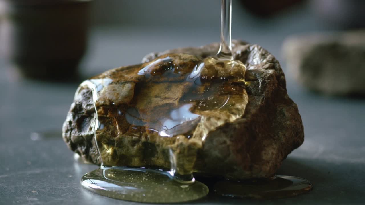 Pipetta che versa sciroppo dorato, ricoprendo una roccia ruvida marrone-grigia su un piano d'appoggio scuro per dare lucentezza