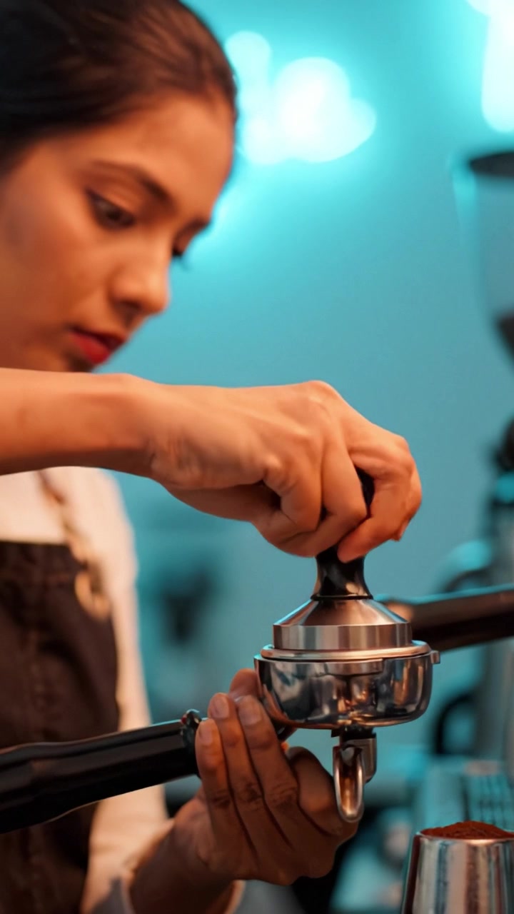 Barista che prepara caffè appena macinato in un vivace ambiente di caffè con un'insegna al neon sullo sfondo, mettendo in mostra l'abile arte nella preparazione dell'espresso.