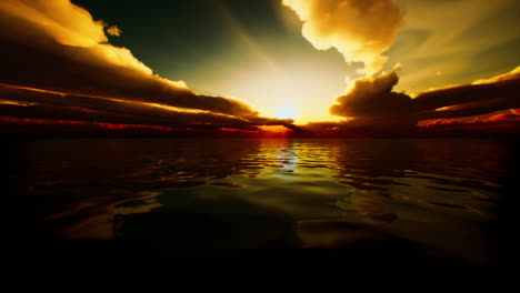 twilight sky in colorful bright sunlight reflects off on the water surface