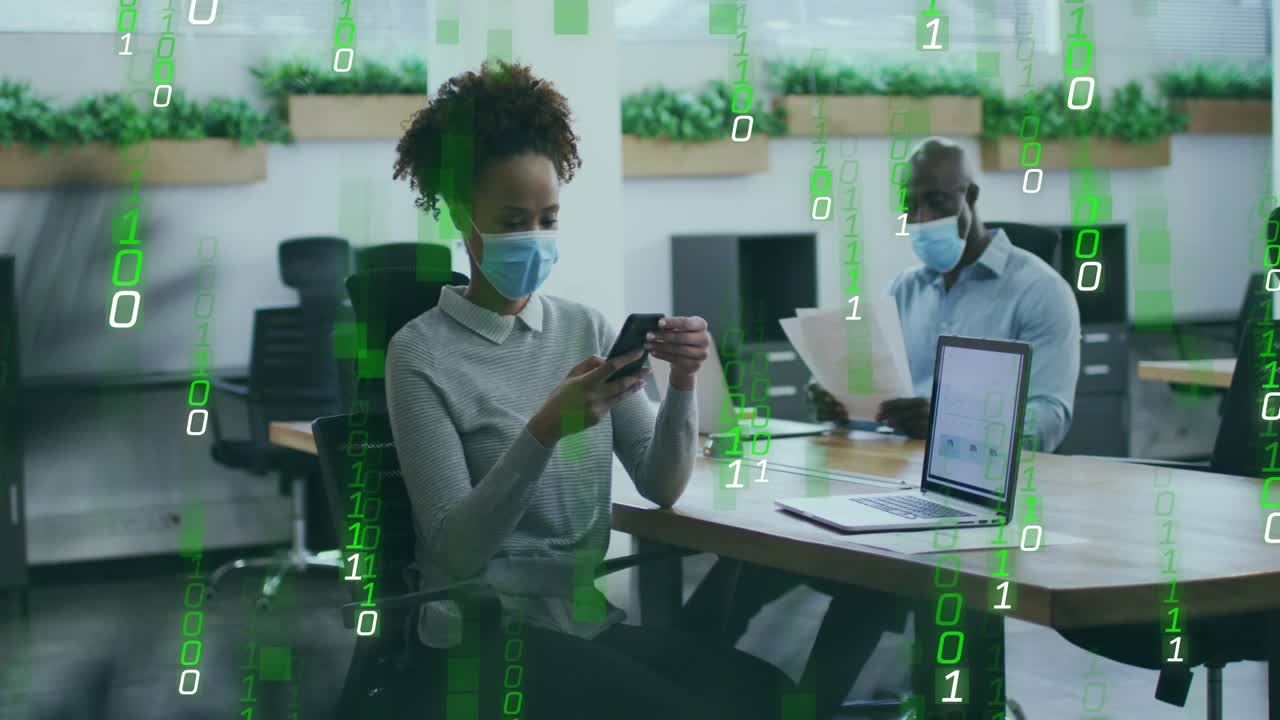 Masked tech rep making phone call checking data while binary code cascading colleague reading docs