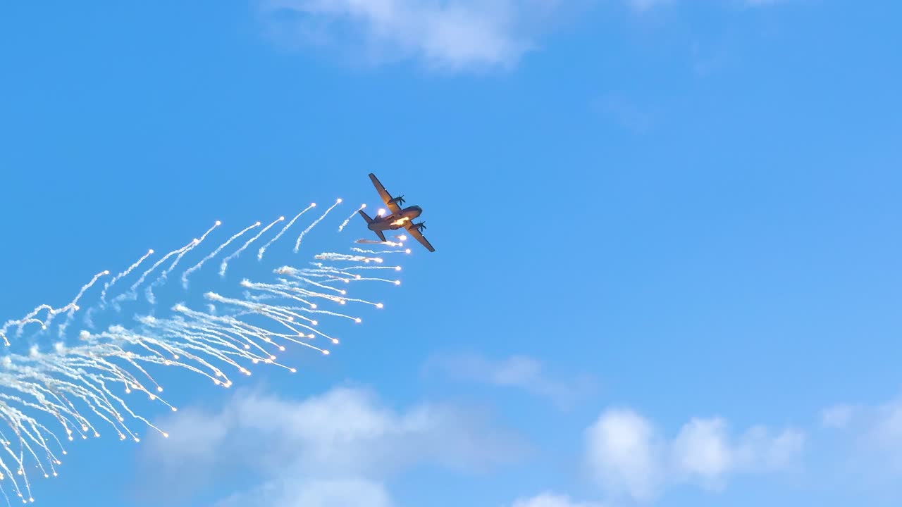 A Lockheed Martin C-130J Super Hercules performs a dynamic flare release against a clear blue sky at an airshow